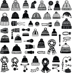 Monochrome Vector Illustration of Winter Accessories Featuring Minimalist Silhouettes of Beanies, Scarves, Mittens, Gloves, Earmuffs, and Headbands with Patterned Textures Representing Seasonal 