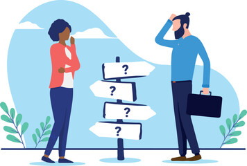 Business difficult choices - Man and woman trying to make a choice for the road ahead. Uncertainty and doubt concept. Flat design vector illustration with white background