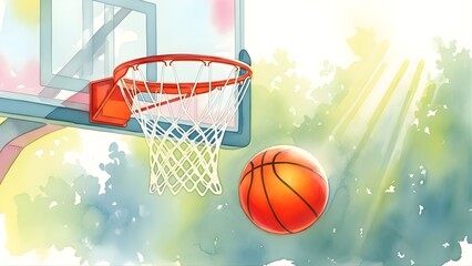 Basketball hoop and ball with a bright, sunny, watercolor background, depicting a vibrant outdoor sports scene.