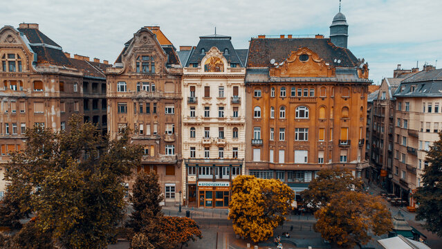 Aerial view of ornate facades and intricate architectural details defining the skyline, a tapestry of history and culture, Budapest, Hungary.