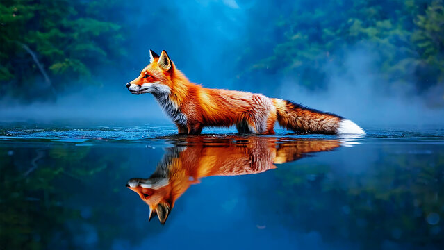 3d illustration of red fox standing in water with reflection in misty forest - Powered by Adobe