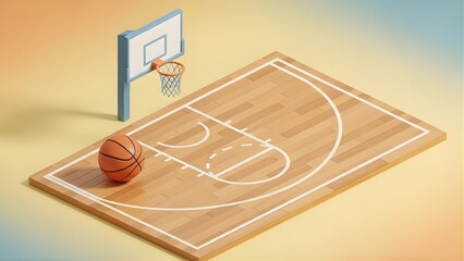 Isometric view of a miniature wooden basketball court with a ball and hoop, featuring clear court markings and a gradient background.