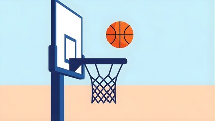A basketball in mid-air approaching a hoop with a net, set against a two-tone background.