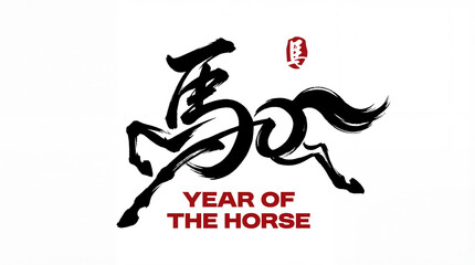 Chinese New Year 2026 modern art calligraphy design template for greeting card, poster, banner. Chinese zodiac Horse symbol. Chinese word mean Happy New Year and symbol of the Year of the Horse