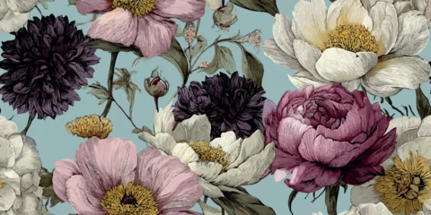 Luxurious floral repeating pattern featuring detailed peony flowers in dusky pink, rich burgundy, and cream white for design, fabrics, wallpapers, and elegant packaging © Eli Berr