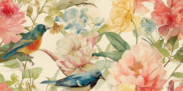 Oil painted peony and bird seamless pattern on a textured white wood background for luxurious fabrics, elegant wallpaper, and romantic decor