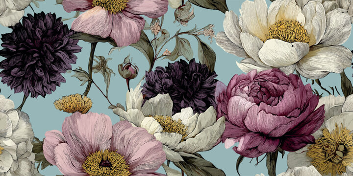 Luxurious floral repeating pattern featuring detailed peony flowers in dusky pink, rich burgundy, and cream white for design, fabrics, wallpapers, and elegant packaging