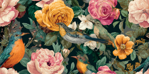 Exotic vector repeating pattern of colorful songbirds among lush yellow and pink roses on a dark green background for design, apparel, and premium packaging © Eli Berr