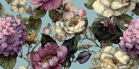 Obraz premium Luxurious floral repeating pattern featuring detailed peony flowers in dusky pink, rich burgundy, and cream white for design, fabrics, wallpapers, and elegant packaging