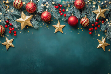 Bright and elegant Christmas background f with red ornaments, gold stars, berries, and sparkling confetti on a teal surface.