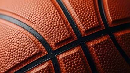 A close-up shot of the textured surface of an orange basketball with black seams.