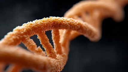 Close-up of a DNA strand on a dark background.