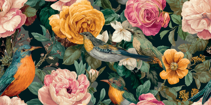 Exotic vector repeating pattern of colorful songbirds among lush yellow and pink roses on a dark green background for design, apparel, and premium packaging