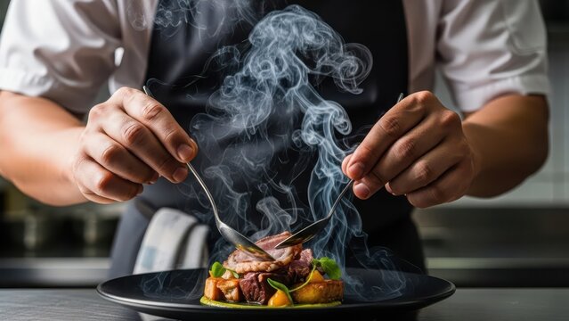 Chef's hands delicately plating a steaming gourmet dish with precision spoons, showcasing fine dining artistry