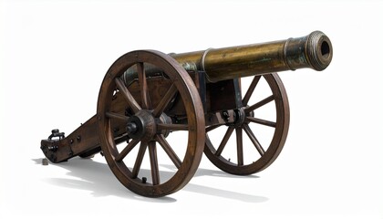 Brass cannon on wooden carriage with metal-rimmed wheels symbolizing historical weaponry and military heritage