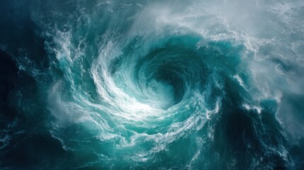 Powerful ocean whirlpool vortex swirling deep blue green water with foamy waves and strong current