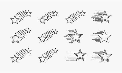 Set of twelve stylized shooting star icons in a line.