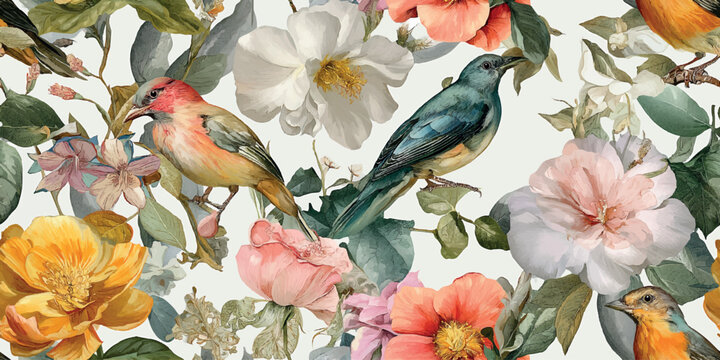 Elegant botanical vector pattern with bright songbirds and lush white, pink, and yellow flowers on a pale background for design, delicate fabrics, and wedding stationery