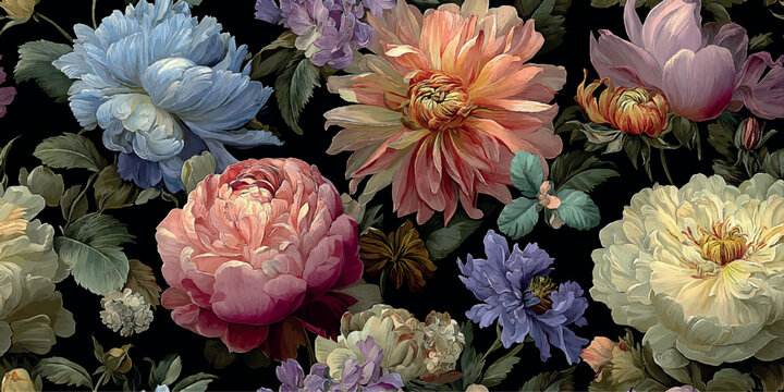 Dramatic floral vector pattern with dahlias and peonies in blue, pink, and orange on a rich black background for design, elegant fabrics, and luxurious home decor