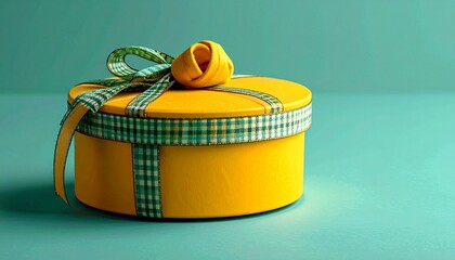 Round Yellow Gift Box with Checkered Ribbon and Bow on Teal Background for Editorial Styling and Celebration Themes
