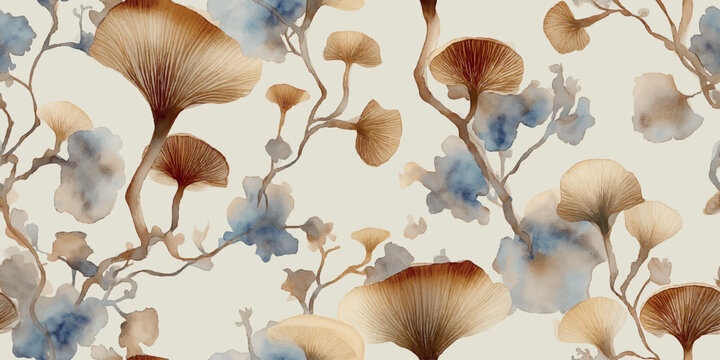 Organic repeating pattern of watercolor ginkgo leaves in soft beige, warm brown, and dusty blue for design, luxury packaging, and tranquil wallpapers or fabrics