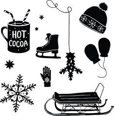Monochrome Vector Illustration of Winter-Themed Silhouettes Featuring Hot Cocoa, Ice Skate, Snowflakes, Mittens, Sled, and Seasonal Accessories Depicted in Minimalist Style to Represent Cold Weather 