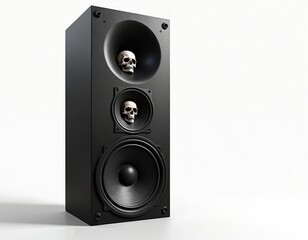 Obraz premium Black speaker system with three drivers and human skulls inside the top two drivers. Loudspeaker on white background. Skulls in speaker cones. Modern audio equipment with unusual decoration.
