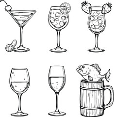 Monochrome Vector Illustration of Diverse Drinkware Featuring Minimalist Silhouettes of Martini, Wine, Champagne, and Beer Glasses with Garnishes Depicting Beverage Variety, Festive Presentation, 