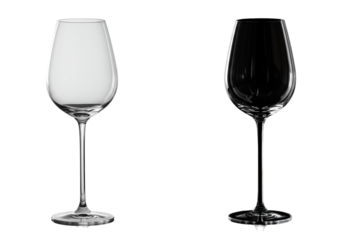 Two identical empty luxury crystal wine glasses with slender stems against a stark white and matte black split studio background, emphasizing extreme contrast and material clarity. concept of