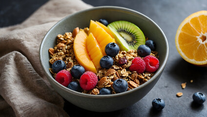 Healthy granola bowl with fresh fruits and berries