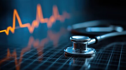 Stethoscope with glowing ecg waveform on a grid surface, representing medical technology and healthcare data