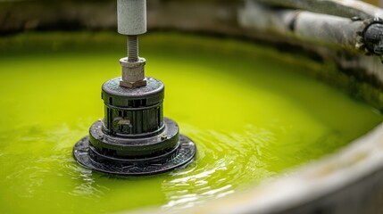 Obraz premium Close-up of industrial mixing machinery stirring bright green liquid in a large processing tank