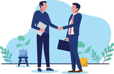Obraz premium Business handshake illustration - Two businessmen shaking hands over deal and agreement, smiling and being professional. Flat design side view vector graphic on white background.