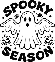 Cute spooky season ghost illustration with pumpkins, spiders, and stars, black and white Halloween typography design perfect for decoration, t-shirt, poster