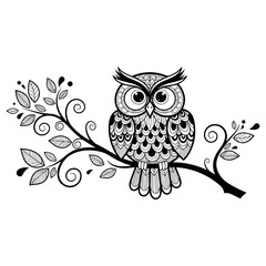 Black and white decorative owl, intricate patterns, sitting on a tree branch, elegant vector art