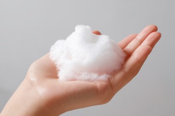 Soap foam resting on an open hand, showing its soft texture and shiny bubbles in a light setting