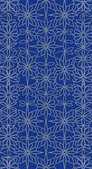 Fototapeta premium Pattern of stylized flower designs in light gray on a dark blue background, creates symmetrical, abstract floral arrangement, suggesting elegance