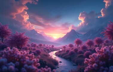 Colorful digital pink sunset landscape with reflective river, blossom trees, and mountains