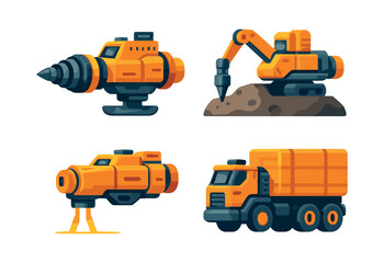 Fototapeta premium Construction vehicles and machinery set, flat vector illustration, heavy equipment