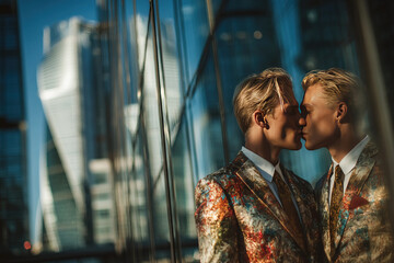 Fototapeta premium Modern urban couple kisses in stylish attire at city business center amidst mirrored high rises
