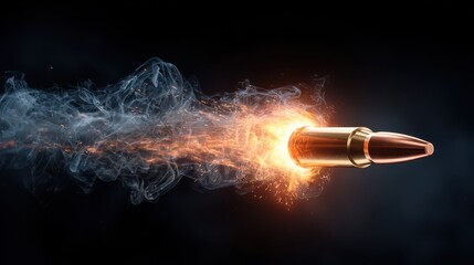 High-speed bullet in flight with fiery trail, smoke, and sparks, demonstrating powerful movement