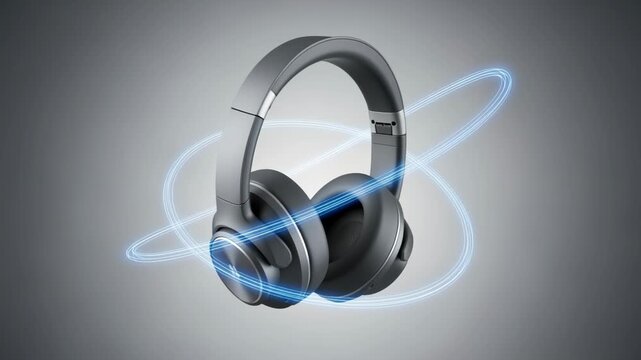 Black wireless headphones with blue glowing lines on a gray gradient background, 4k video