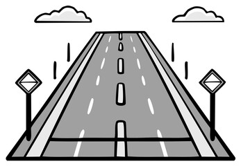 Stylized monochrome highway vanishing into the distance with road signs and clouds illustration