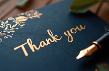 Fototapeta premium Dark blue card displays elegant Thank You lettering in gold script. A fountain pen rests beside a small green leaf. The image conveys gratitude and heartfelt appreciation with refined typography.
