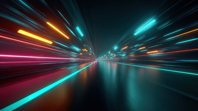 Dynamic speed light trails in futuristic tunnel. abstract digital data flow motion background. - Powered by Adobe