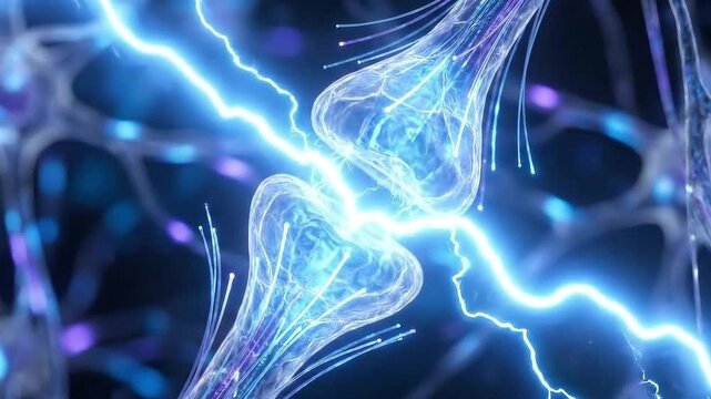 Electric spark jumping across a synapse between two neurons, concept of thought or reaction.