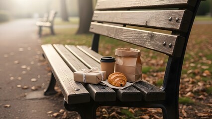 Autumn Morning Delights: Gift, Coffee, Croissant on Park Bench.
