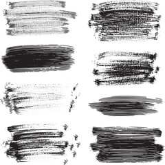 Brush set. Vector black paint brush spots, highlighter lines or felt-tip pen marker. Ink smudge abstract shape stains and smear set with texture