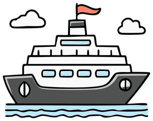 Obraz premium Cartoon passenger ship boat sailing on water with white clouds in the sky