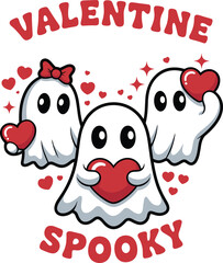 Obraz premium Cute Valentine ghost illustration with red hearts, adorable spooky love design, kawaii cartoon style, romantic holiday vector art, festive decoration print